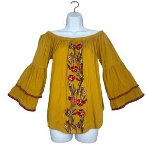 Solitaire Boho Embroidered Peasant Top Mustard Floral Off Shoulder M
